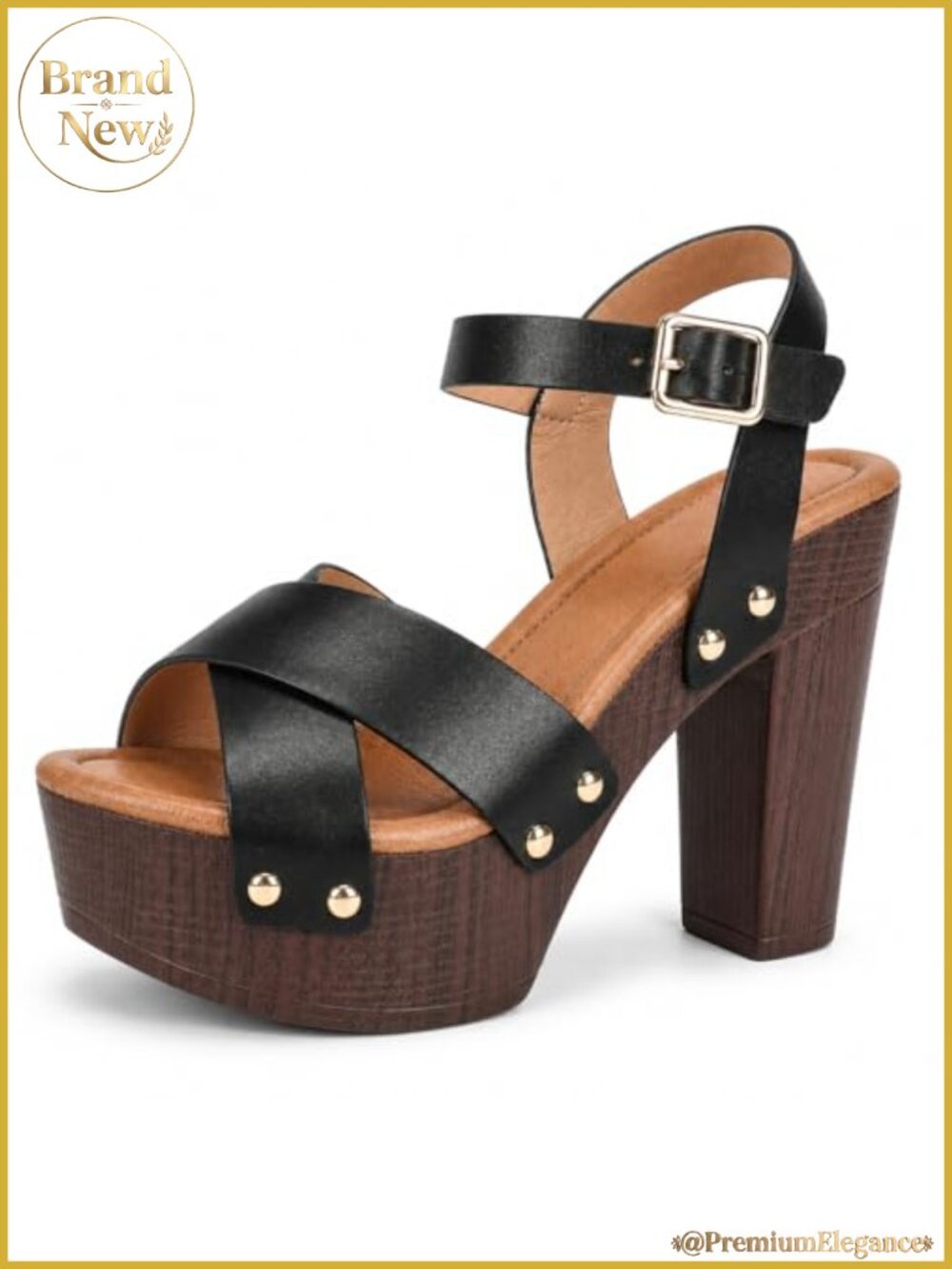 Platform Heeled Sandals Faux Leather Open Toe Chunky Block Heel Ankle Strap